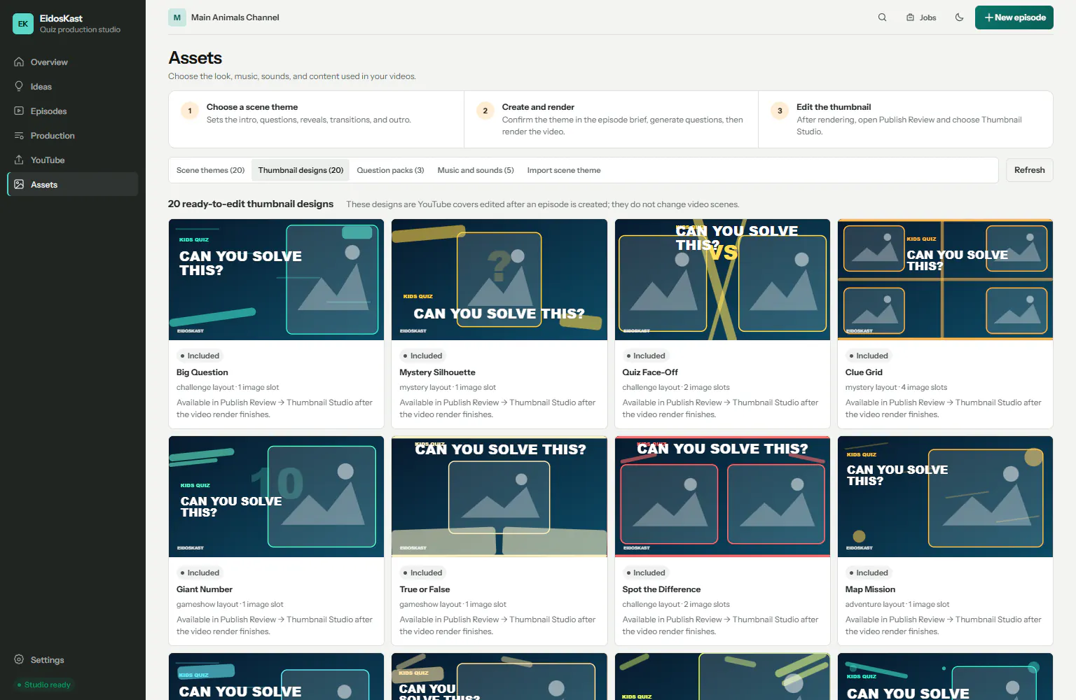 EidosKast Assets page showing distinct editable thumbnail designs and the scene theme workflow