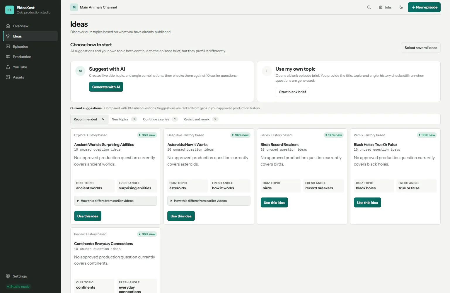 EidosKast Ideas page comparing AI suggestions with the manual topic workflow