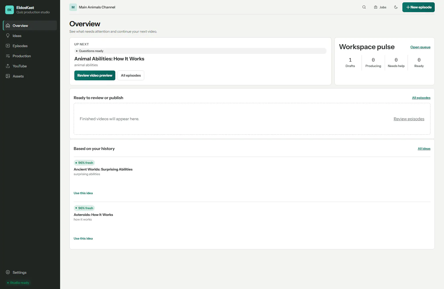 EidosKast workspace overview showing the active episode, production queue, and history-aware ideas